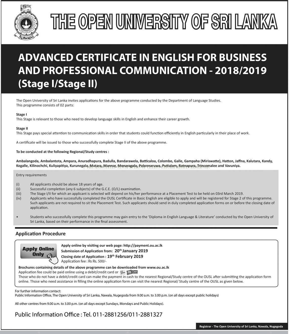 Advanced Certificate in English for Business and Professional Communication - 2018/2019